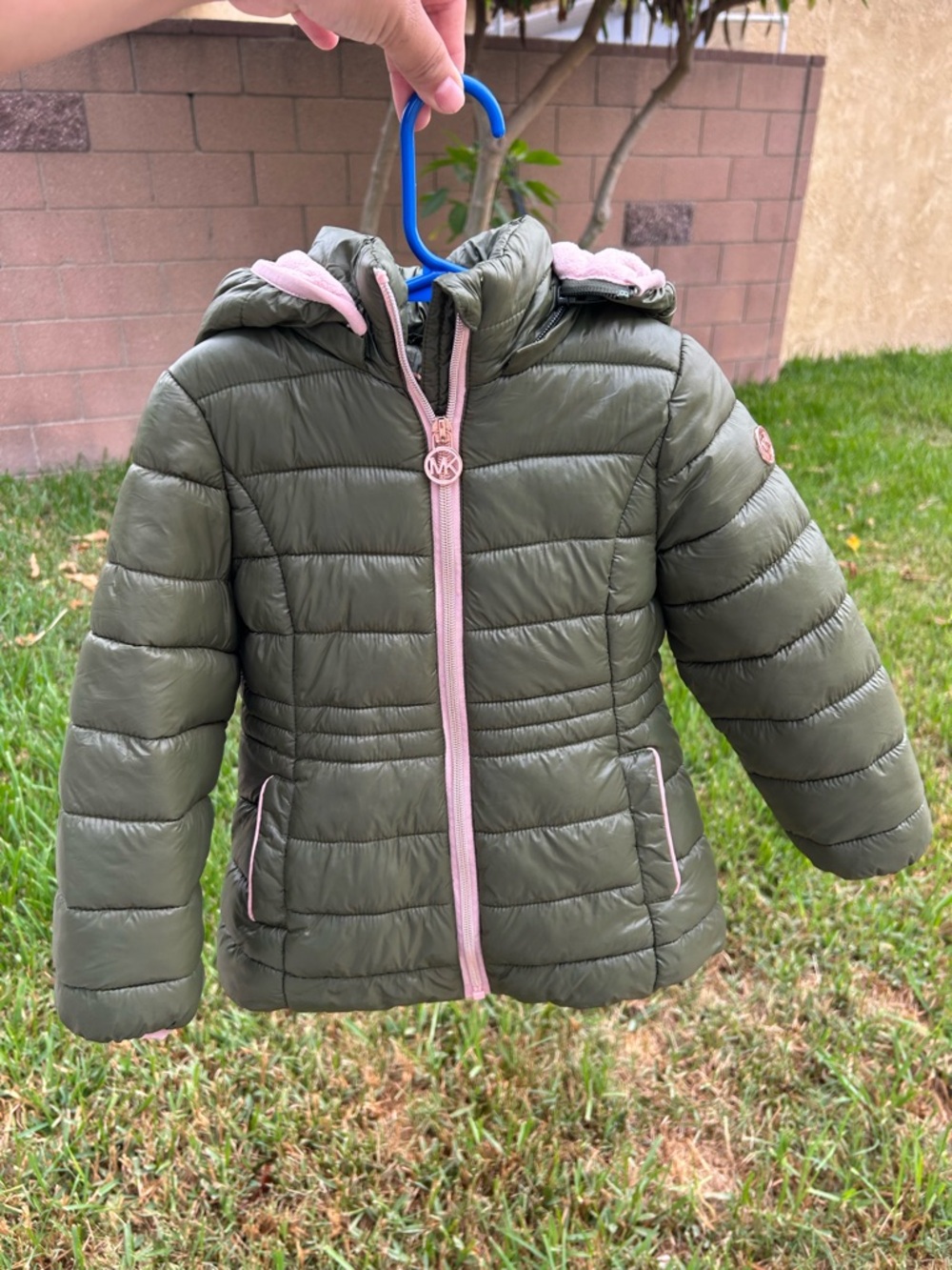 Michael Kors Olive Green Puffer Jacket with Pink Trim